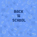 Back to school blue background with ruler, pencil, puzzle, notebook, globe, science, letter, number. Autumn